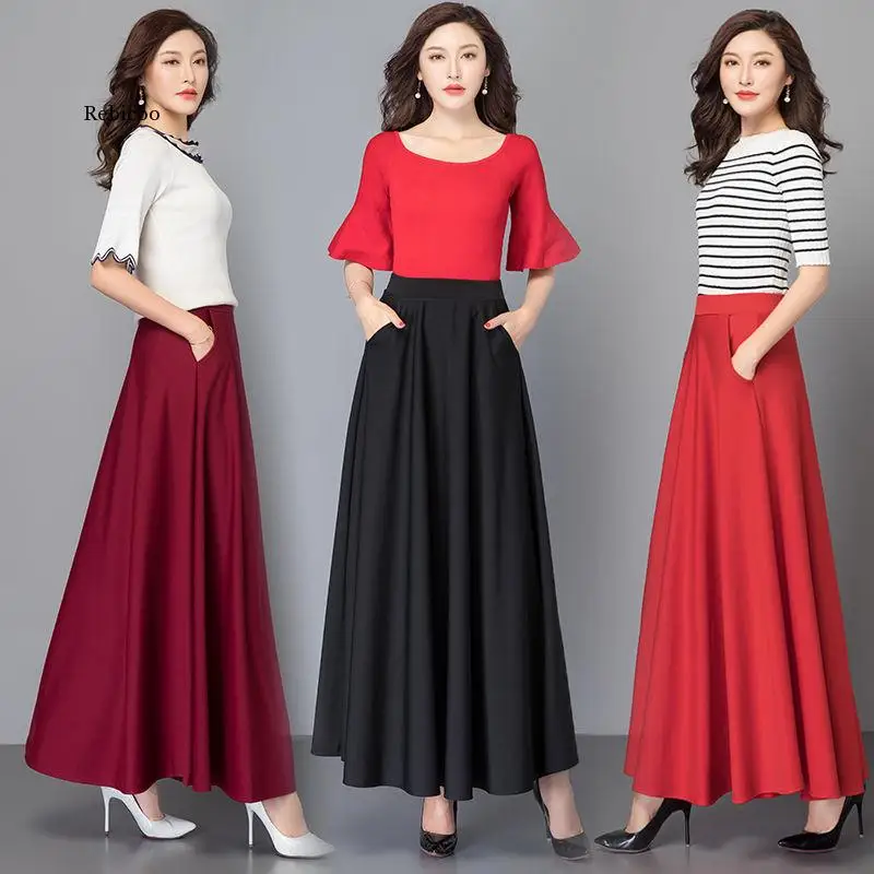 Women Elegant  3Xl Pleated Skirt Korean Red Black Solid Color Long Skirts High Waist Vintage Big Swing Office