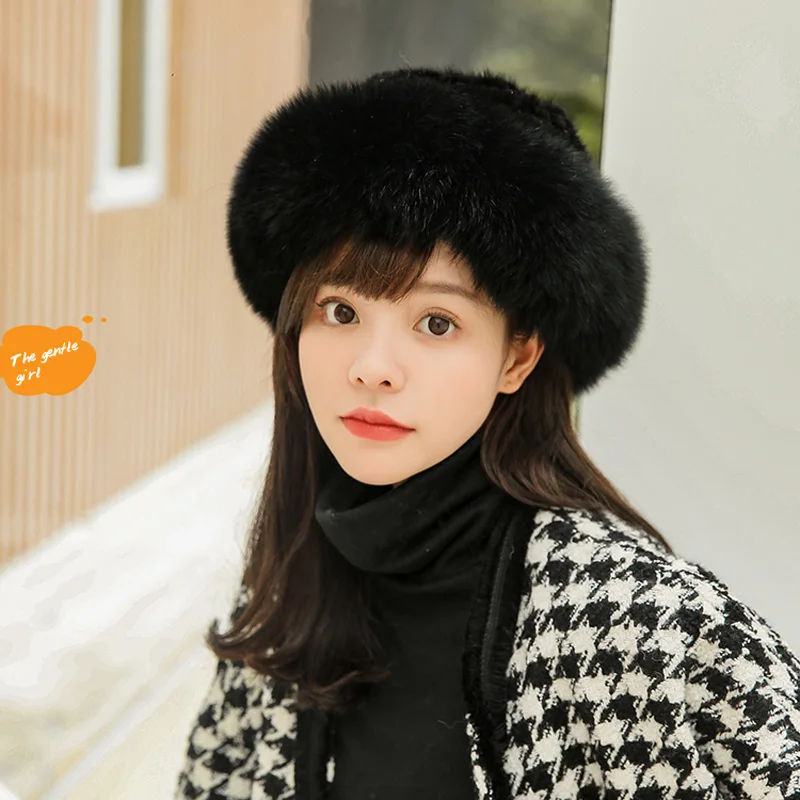 Mink Weaving Fur+fox Cap Women Winter Genuine 100% Fur Bomber Hat Windproof Warm Earmuffs  Flat Grey/Black Russian Hat Fitted Ca