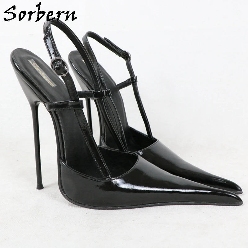 Sorbern Mature Slingback Black Shiny Women Pump Shoe High Heels Metal Thin Stilettos Ladyboy Shoes Night Club Footwear Custom
