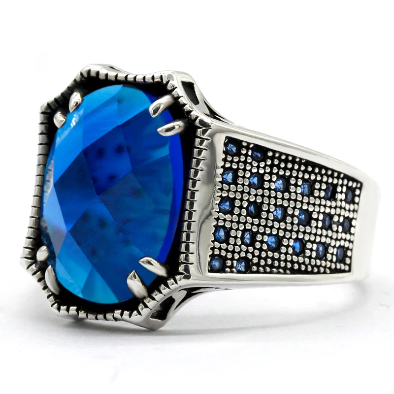 

New Türkiye Men's Fashion Luxury Ring 925 Sterling Silver Blue Rock Jewelry Gift