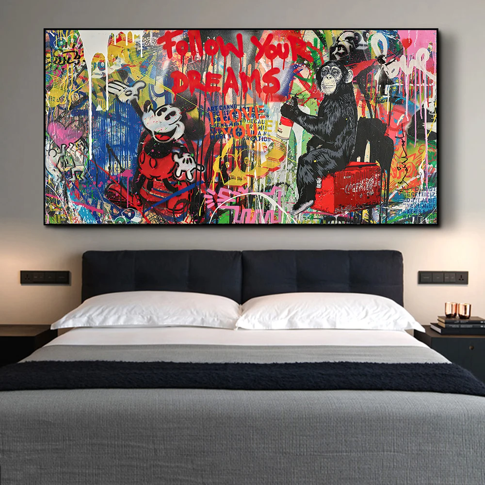 

Follow Your Dreams Monkey Graffiti Art Banksy Canvas Paintings on the Wall Art Posters and Prints Mickey Mouse Street Art Cuadro