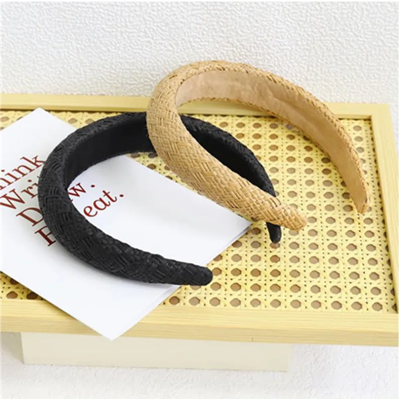 Summer Travelling Solid Rattan Headband Padded for Women Fashion Headwear Thick Straw Woven Hairbands Plain Head Band