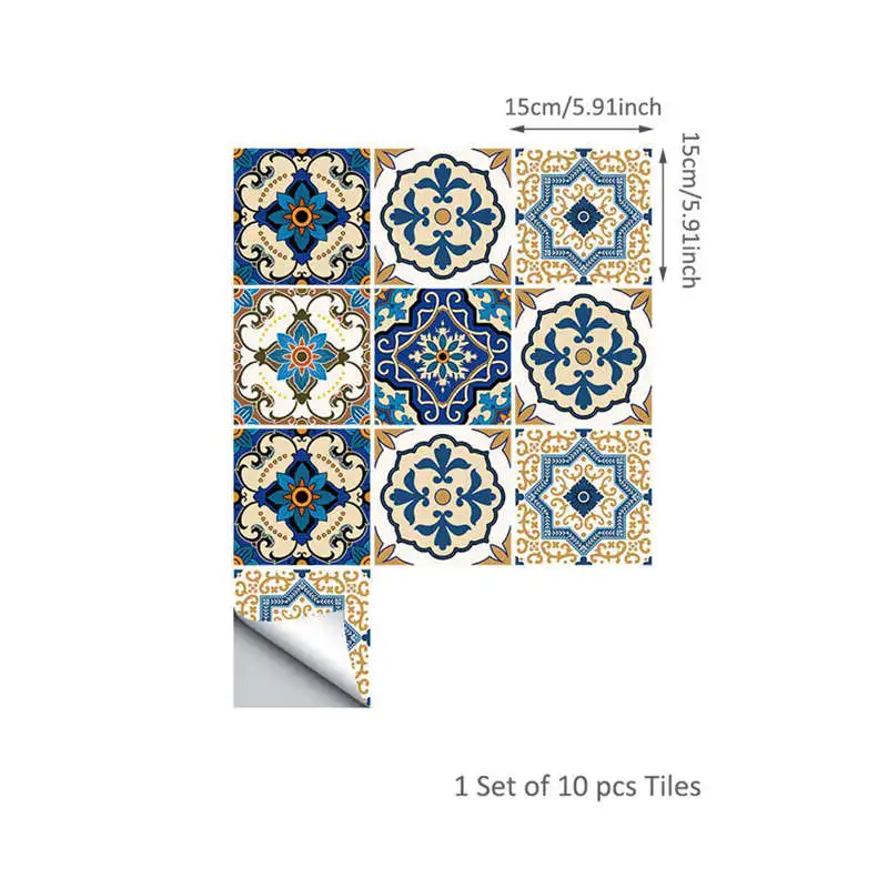 10Pcs Moroccan Style Tile Stickers Waterproof Wall Stickers Bathroom Art Decor,6x6 Inch