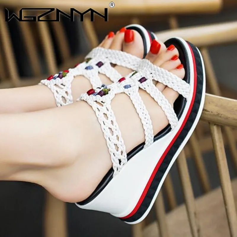 2023 Fashion Flip Flops Women Shoes beads Slippers Platform Summer Shoes Open Toe Wedges Sandals Ladies weaving Shoes Women