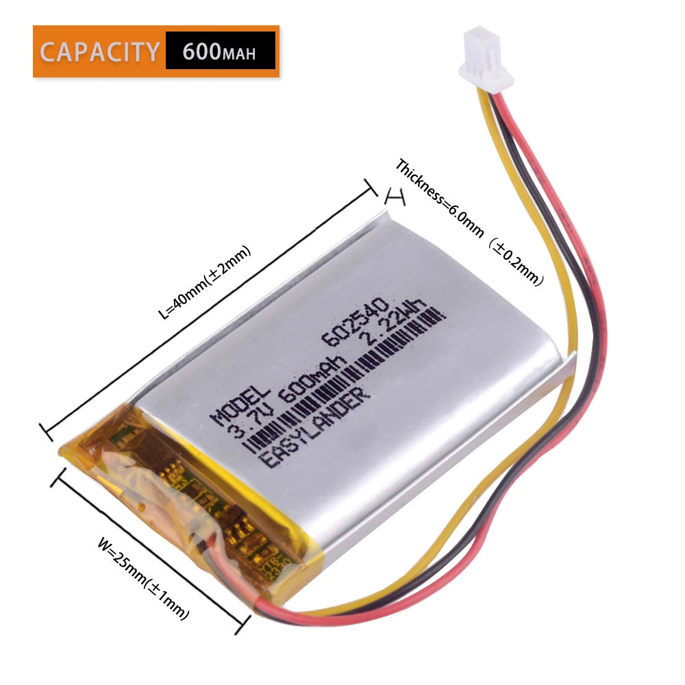 3 buah/lot 3.7V 600mAh 602540 baterai polimer Lithium Li-ion isi ulang 622540