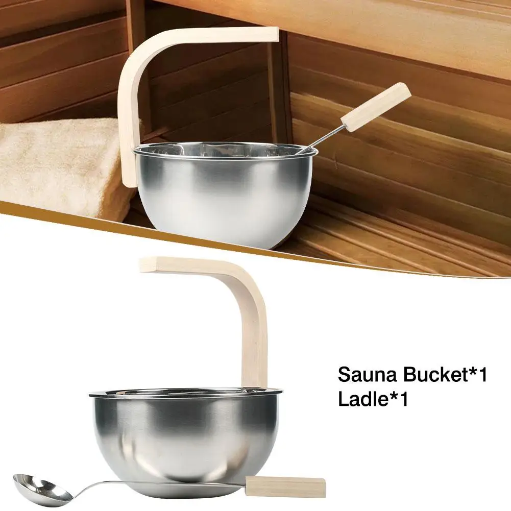 

High Quality Durable Stainless Steel Sauna Bucket With Ladle Premium 4L Finnish Sauna Bucket With Wooden Handle Spa Accessory