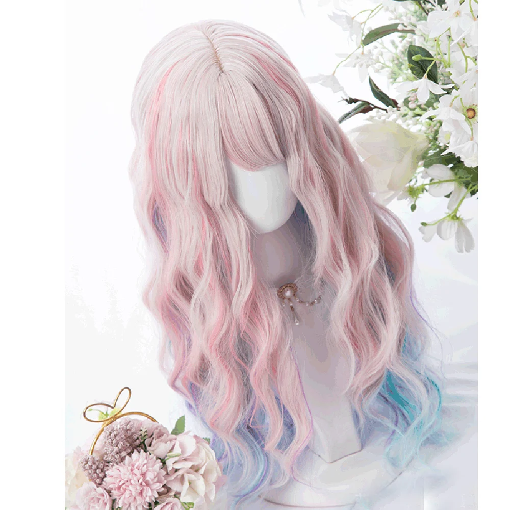 

CosplayMix 67CM Long Curly Hair Bangs Lolita Mix Pink Blue Ombre Japan Cute Christmas Halloween Party Synthetic Cosplay Wig+Cap