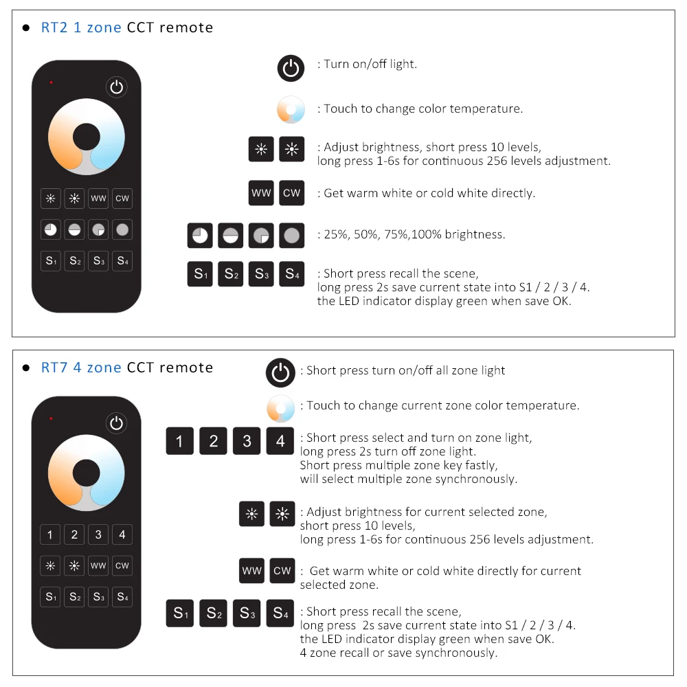 WW CW LED Controller 12V 24V 36V 2CH 16A 2.4G Wireless Remote Control RF LED Dimmer Switch for CCT Daul White LED Strip Light
