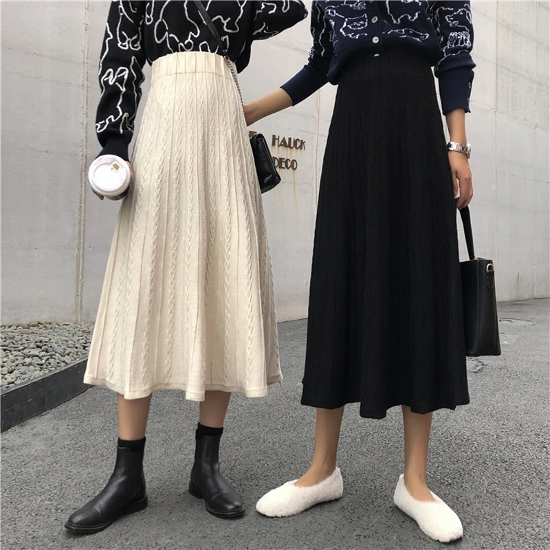 2019 New Winter Women Midi Skirts Korean Casual Ladies A-line Flare High Waist Twist Knitted Knit Thick Long Sweater Skirt Women