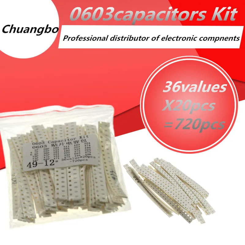 

1pF~10uF 0603 SMD 36values X20pcs=720pcs Capacitor assorted kit Capacitors Samples Kit electronic diy kit