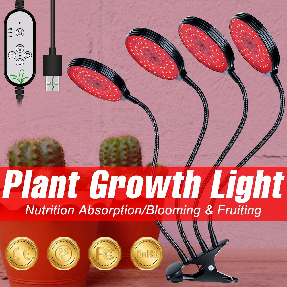 LED Plant Lamp USB 5V Grow Light Desktop Clip Phyto Lamps Flexible Clip Fitolampy 1 2 3 4Heads Hydroponic Lighting For Bedroom