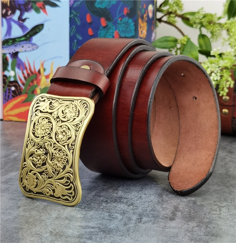 Luxury Carving Flower Brass Belt Buckle Men\'s Belt Ceinture Top Thick Geunine Leather Belt For Men Wide Trouser Belt Men MBT0031