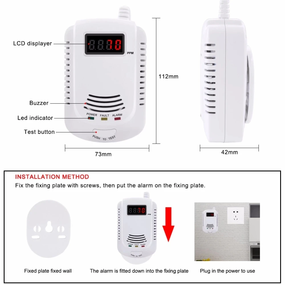 Detector de gás em casa gás natural/metano/propano alarme detector de sensor de vazamento com display led plugue da ue