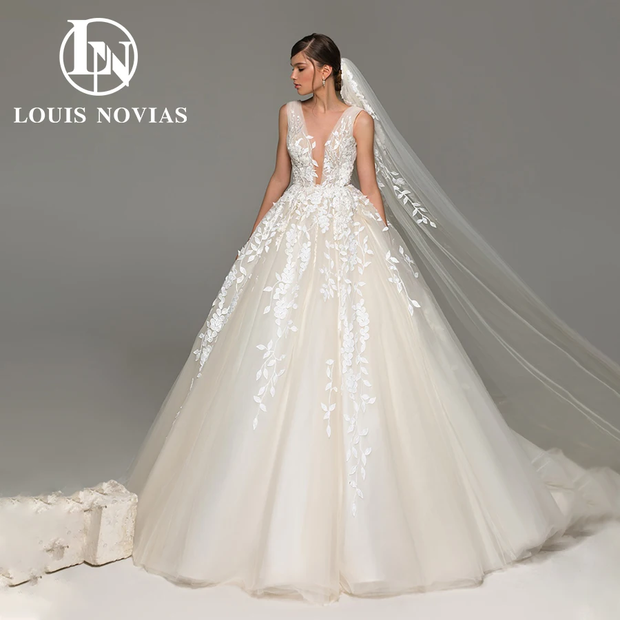 LOUIS NOVIAS Chữ A Áo Cưới Năm 2022 Sang Trọng Hở Lưng Đính Hạt Hoa Thêu Cô Dâu Ngủ Cổ Chữ V Viền Pastrol Áo Dài Cô Dâu