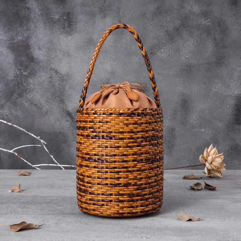 Genuine Leather Women Shoulder Bag woven mall bucket bag ethnic style round bucket bag Vintage Tote Bag Cowhide hollow woven bag