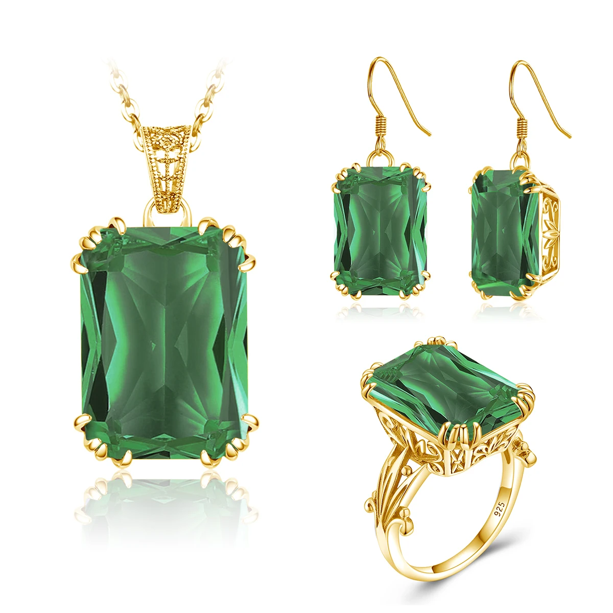 

Trendy Women Jewelry Sets With Stone 13*18mm Rectangle Emerald Ring Earring Necklace Shiny Solid 925 Sterling Silver Gift Female