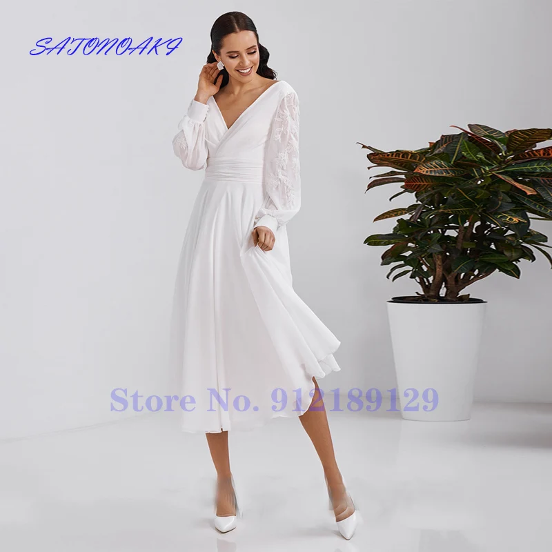 

Vestidos De Novia 2024 Beach Short Wedding Dress Sexy White Long Sleeves Chiffon Bridal Gowns V Neck Backless Robe De Mariée