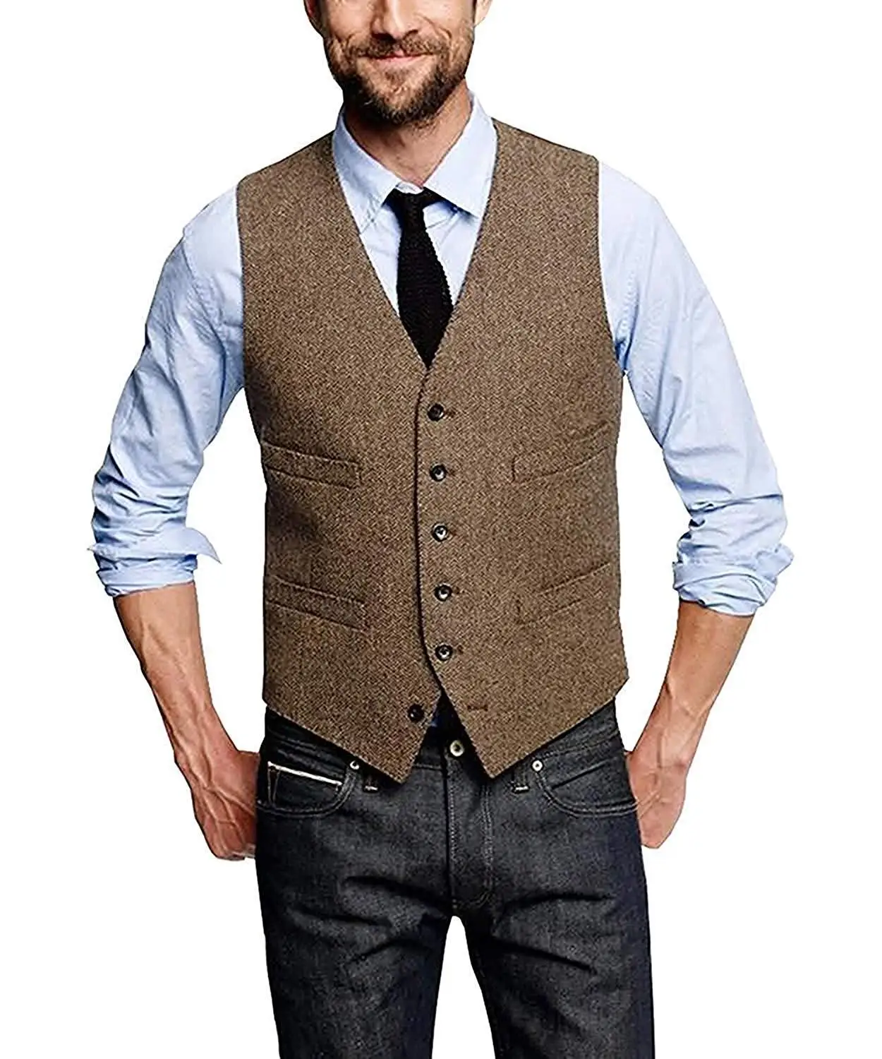 Men's Suit Vest V Neck Wool Herringbone Tweed Casual Waistcoat Formal Business Vest Groomman