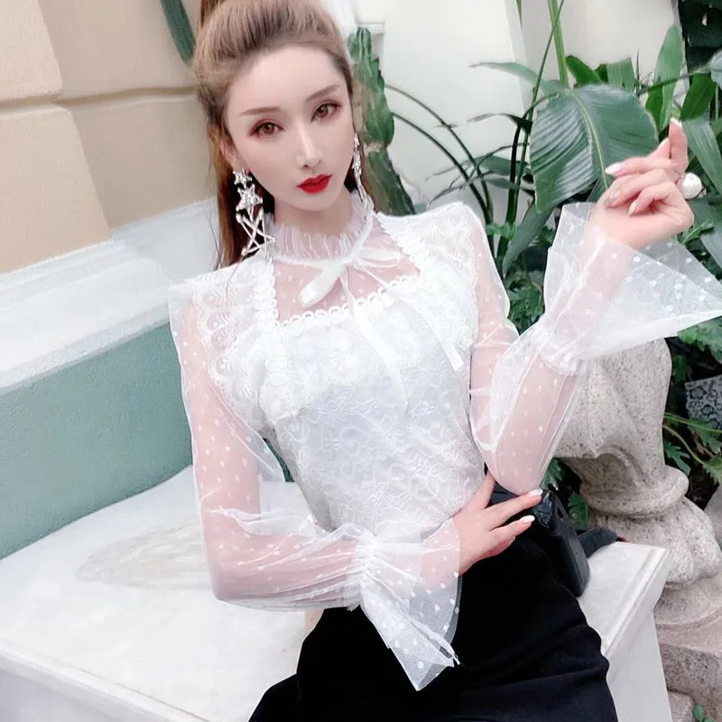 New Spring Autumn Women Flare Sleeve Blouse Sweet Bow Floral Lace Shirt Female Slim Dot Mesh Blouses Short Bottoming Tops AB1752