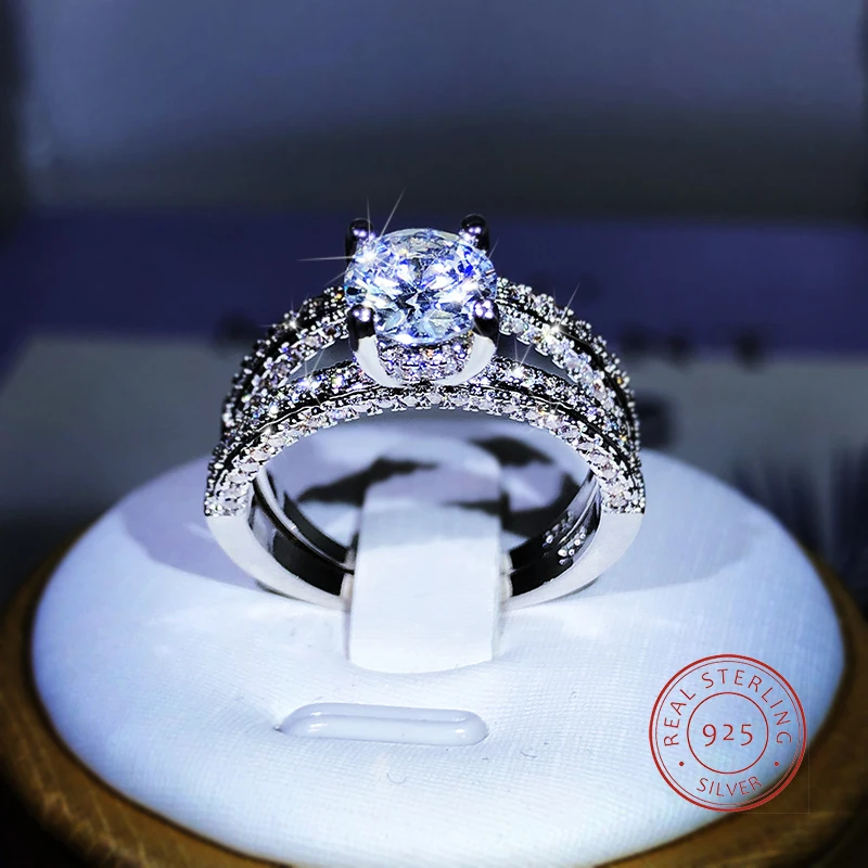 Luxury 925 Silver White Four-Claw Cubic Zirconia Women Engagement Rings Graceful Proposal Rings Lover Brilliant Statement Jewelr