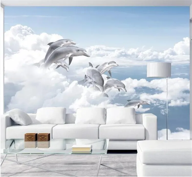 

3d wall murals wallpaper for walls 3 d photo wallpaper Blue sky and white clouds and sea dolphins background wall living room