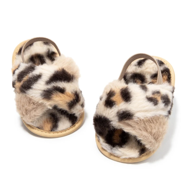 Jlong Faux Fur Slides Sandals Newborn Non-Slip Shoes Baby Girls Leopard Plush Sandals Indoor Outdoor Infant Slippers 0-18M