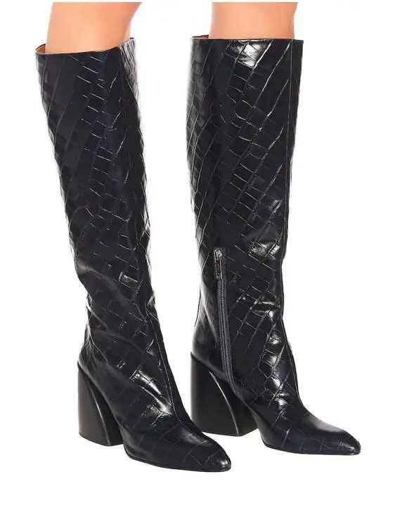 Western Cowgirl Boots 2021 Black Leather Thigh High over the knee botines Chunky Med Heels Runway Shoes Woman bottes femme