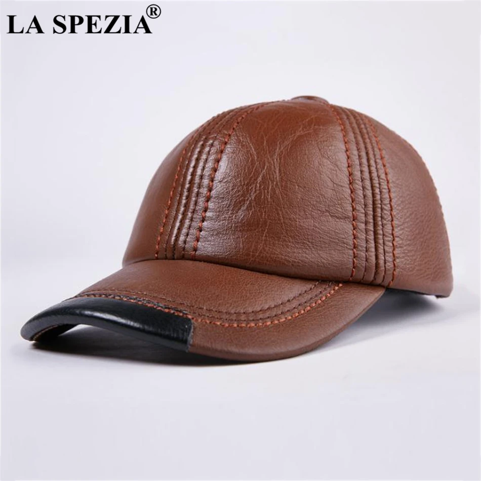 LA SPEZIA Genuine Leather Baseball Cap Men Black Cowhide Hat Snapback Male Adjustable Autumn Winter Real Leather Peaked Hats