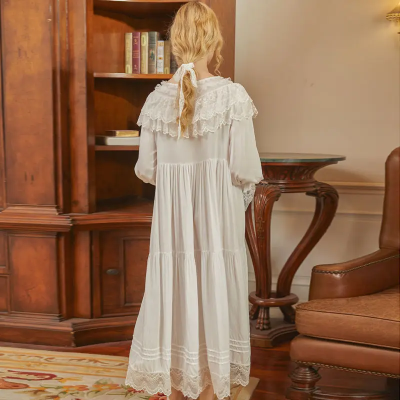 Victorian White Night Dress Women Long Sleeve Romantic Vintage Nightgown Retro Princess Sleepwear Large Size Loose Peignoir Robe