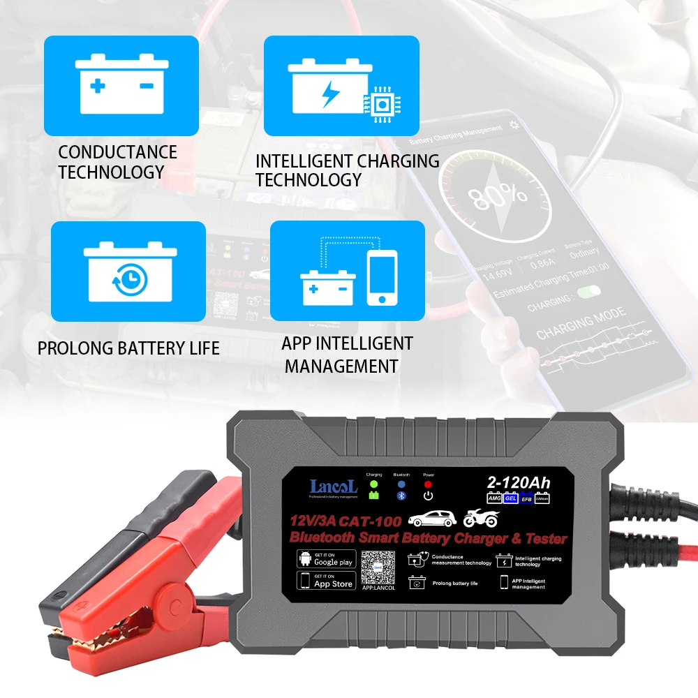 Lancol CAT100 12V 3A Fully Automatic Bluetooth Smart Battery Charger and Tester Maintainer 2 In 1 8 Stages Battery Charger