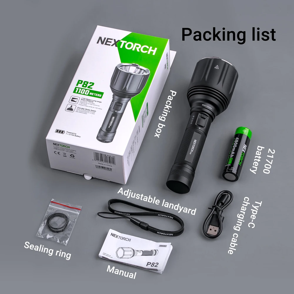 Nextorch 1100 Meters Powerful Long Range Flashlight 1200 Lumens High Performance Rechargeable Flashlight Without Battery P82