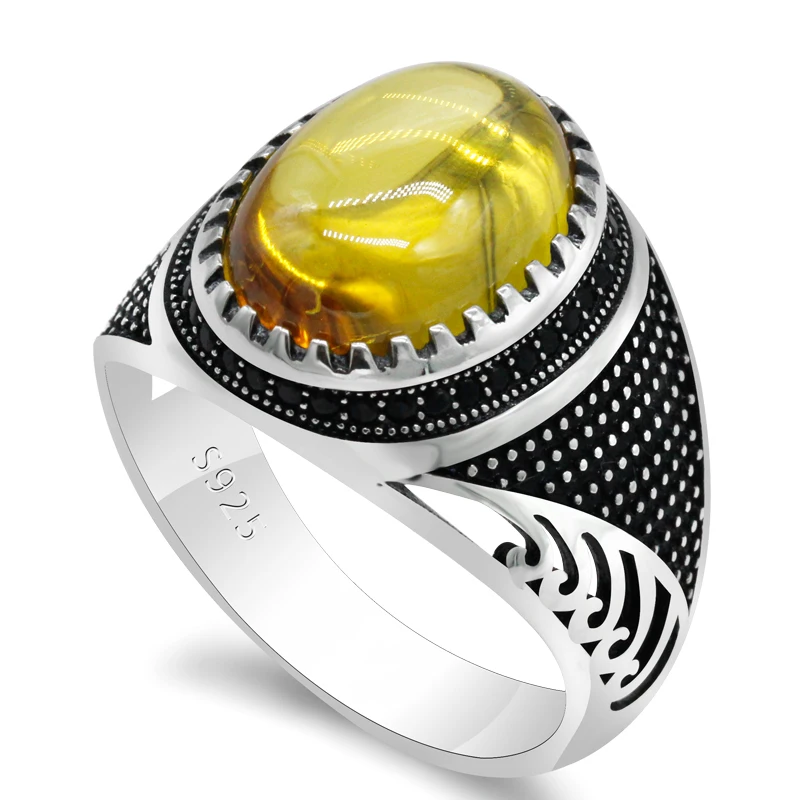 New S925 sterling silver natural zircon men's ring, yellow zircon Turkish gemstone ring, men's jewelry