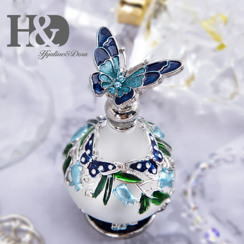 

H&D Blue Butterfly Decorative 25ml Frosted Glass Empty Perfume Bottle Refillable Essential oil Container Home Wedding Decor Gift