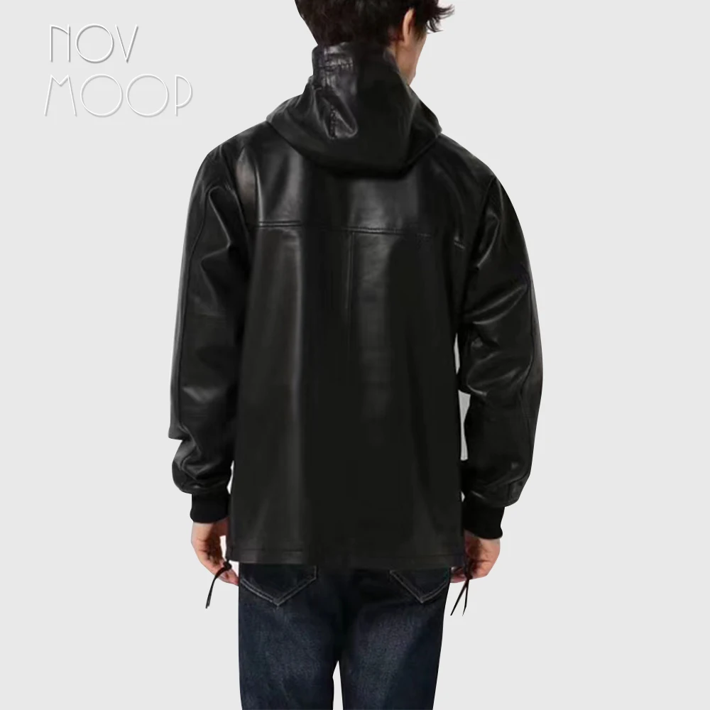 Novmoop Da Thật Chính Hãng Da Da Cừu Unisex Mặc Áo Mũ Trùm Áo Khoác Cao Cấp Cấp Phong Cách Nhật Bản Kéo En Cuir LT3416