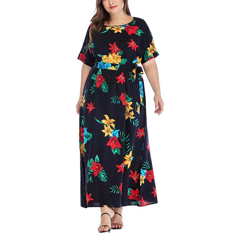 

Summer new plus size dress 8XL 9XL 10XL fashion quality women's printed round neck short sleeve belt swing dress