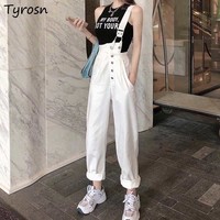 Jumpsuits Women Design Irregular One-shoulder White High Waist Denim Suspenders Trousers Streetwear Wide Leg Jump Suit Mujer Ins