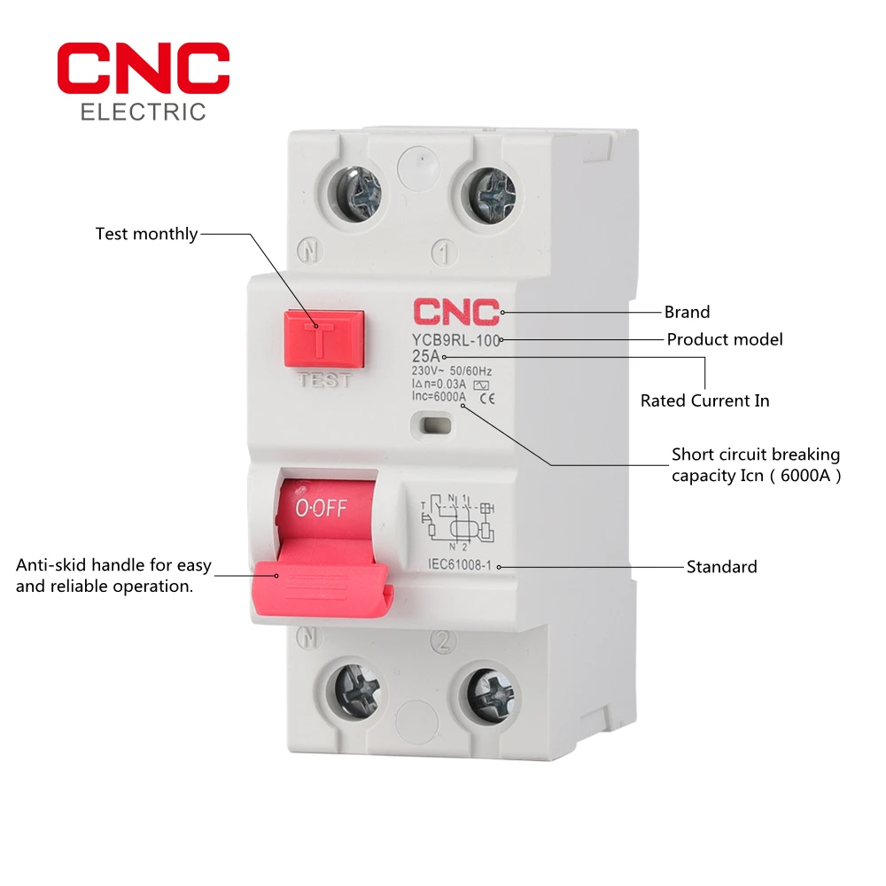 CNC YCB9RL-100 Residual Current Circuit Breaker 6000A 30mA 230V 50Hz RCCB MCB 6/10/16/20/25/32/40/50/63A