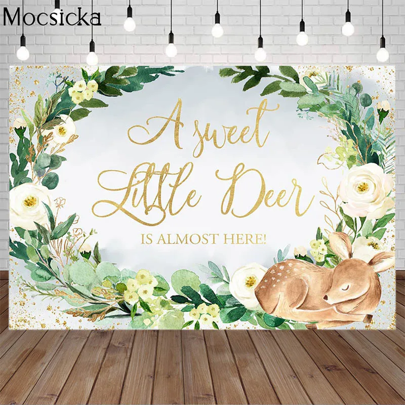 

A Sweet Little Deer Is Almost Here Backdrop Green Leaf Floral Decor Newborn Baby Shower Child Kids 1st Birthday Photo Background