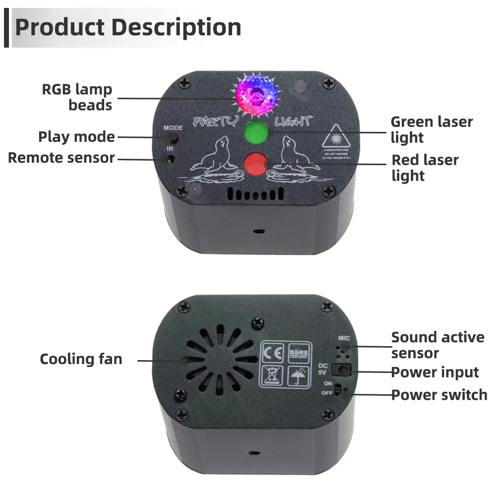 Mini DJ Disco Light Laser Projector 60 Patterns Party Strobe Lamp Sound Control RGB LED for Dance Floor Stage Effect Lighting