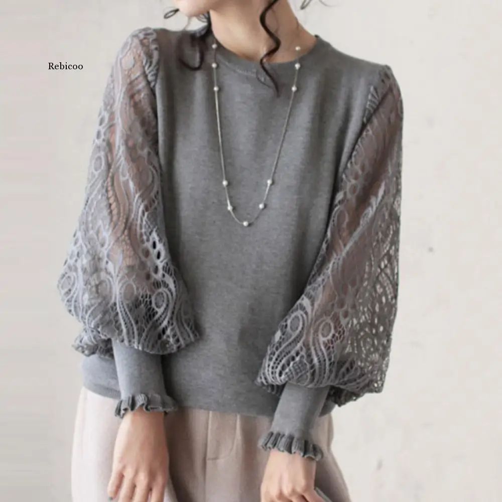 

Women Lace T-Shirt Korean Fashion Spring Autumn Puff Sleeve Casual Pullover Knitted Round Neck Tops One Size Trendy