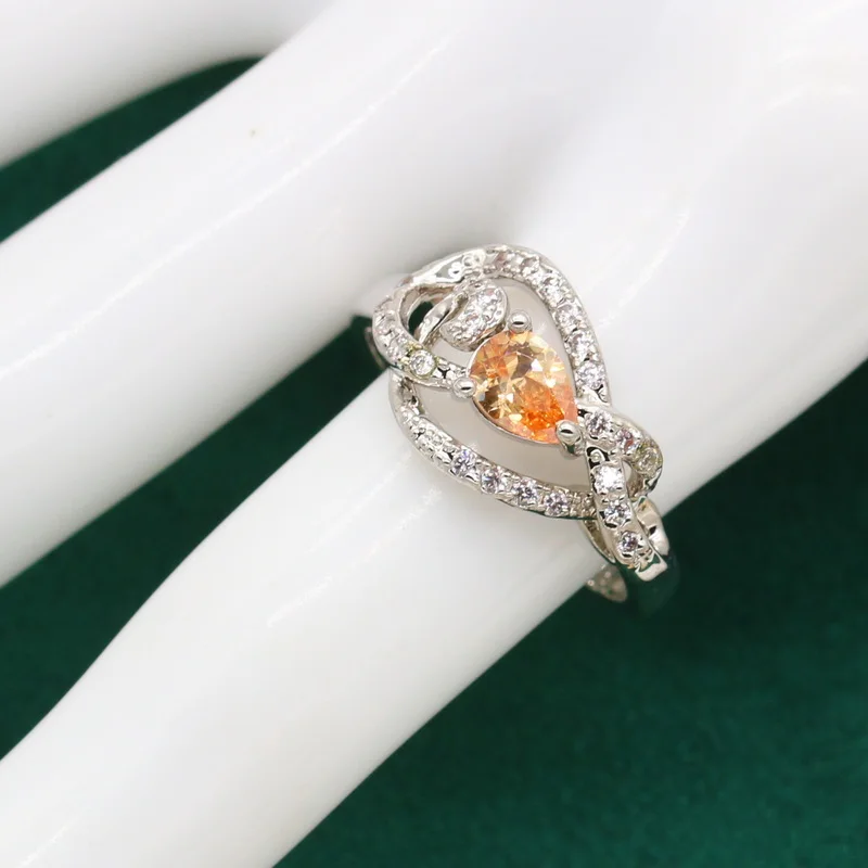 Silver Color Jewelry Set for Women Wedding Unique Champagne Zircon Bracelet Pierced Earrings Necklace Ring Gift Dubai