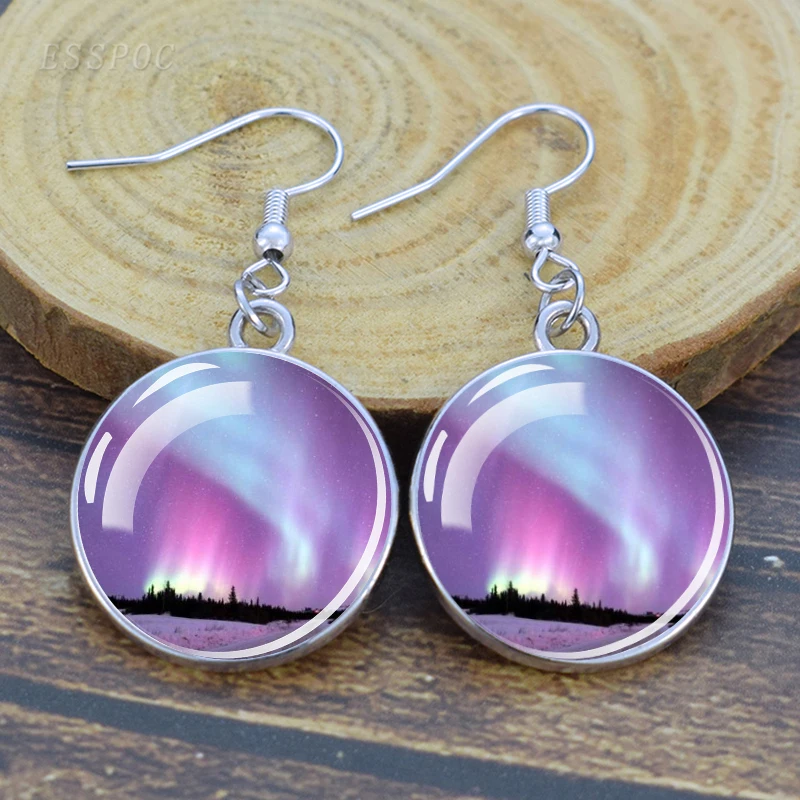 Northern Lights Art Picture Glass Cabochon Dangle Earring Alloy Drop Earrings Glass Cabochon Ear Jewelry