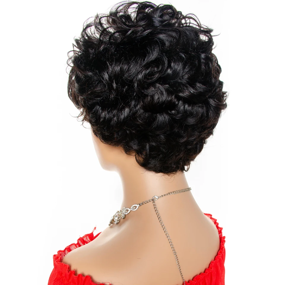 Perruque Brésilienne Naturelle Remy, Cheveux Courts Bouclés, Coupe Pixie avec Frange, Fait à la Machine, 0051 de Densité, pour Femme