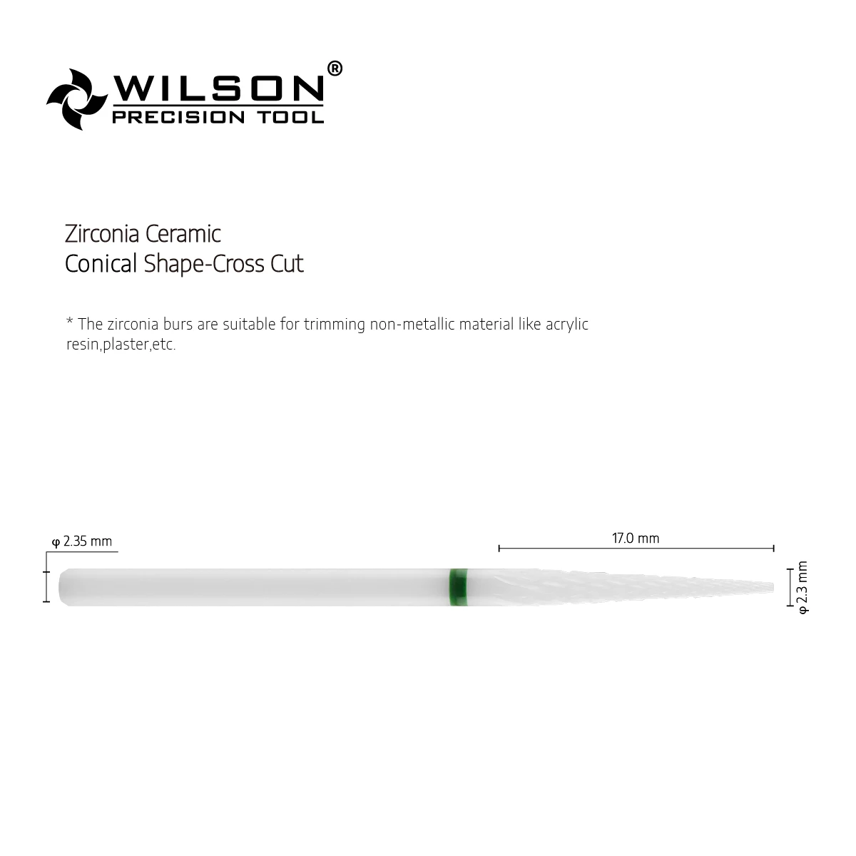 WilsonDental Burs Silm Cone - 2.3mm - Cross Cut - White Solid Zirconia Ceramic Dental Lab Burs