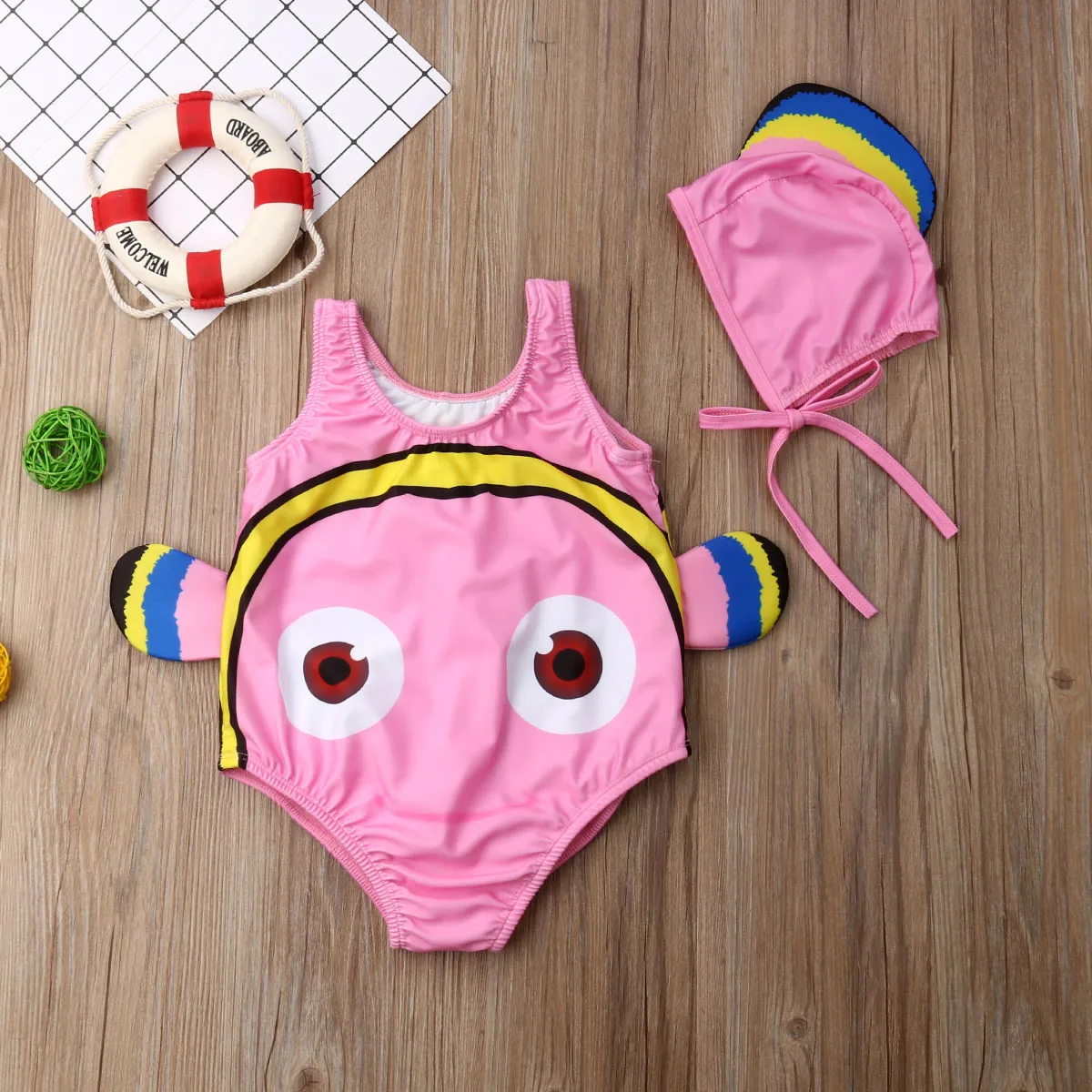 Baby Girl Swimsuit 2Pcs Goldfish Swimwear Boys Swimmable Kids Beach Bikini Girls Print Sweet Costume+Swimming Hat Bathing Suit