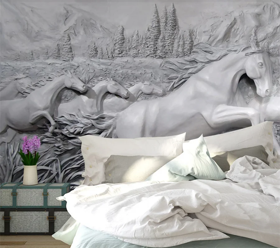 beibehang Custom wallpaper 3D solid mural relief embossed horse eight figure background wall painting living room 3d wallpaper