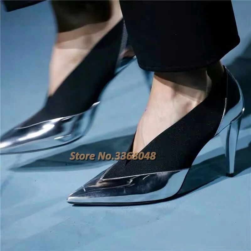 

Patchwork Sexy Pointed Toe Pumps Slip On Leather Stretch Fabric Thin High Heel Runway Women Shoes Fashion European Pumps Dress