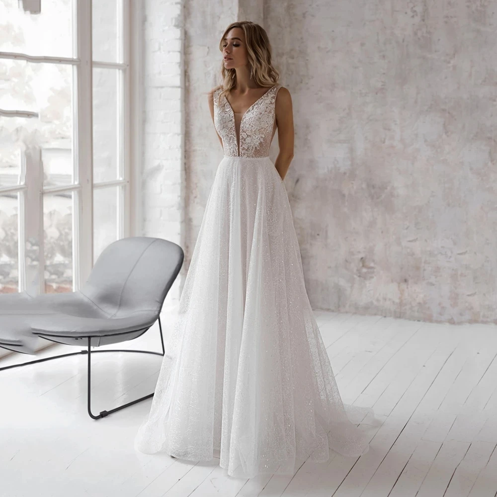 Robe de mariée scintillante à col en V, appliques en dentelle, dos nu, train de balayage, A-ligne, patients de plage, quelle que soit la robe de mariée, 2022