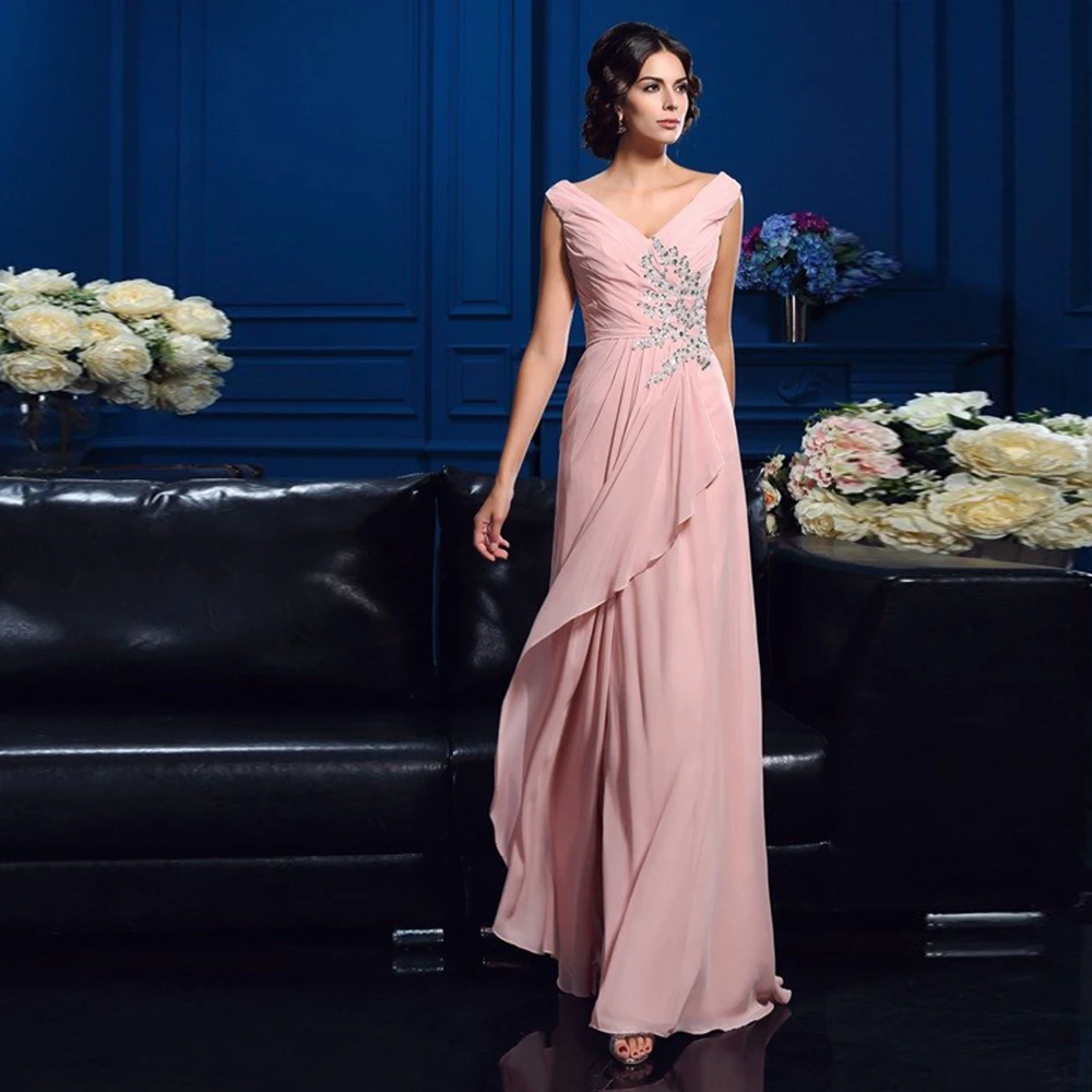 Abito lungo rosa semplice per la madre della sposa in Chiffon per abito da cerimonia nuziale abito da donna formale con volant lunghezza del pavimento con paillettes