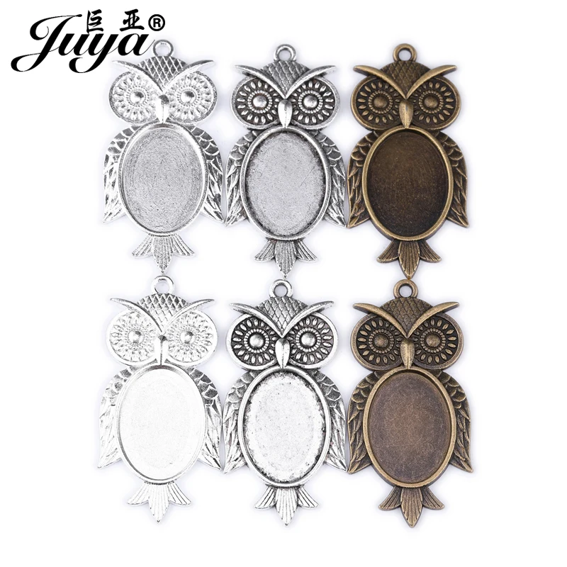 10pcs/lot Owl charm Pendant Base Setting Blank Bezel Tray Fit Oval 18X25mm Oval Glass Cabochon Dome Cameo For DIY Jewelry Making